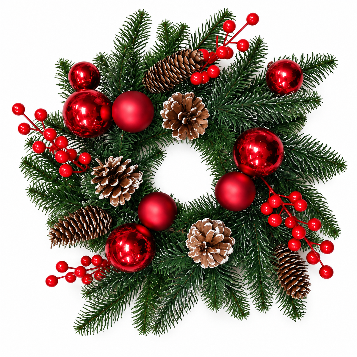 Kerstkrans met rode kerstballen, bessen en dennenappels