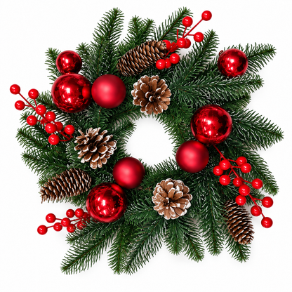 Kerstkrans met rode kerstballen, bessen en dennenappels