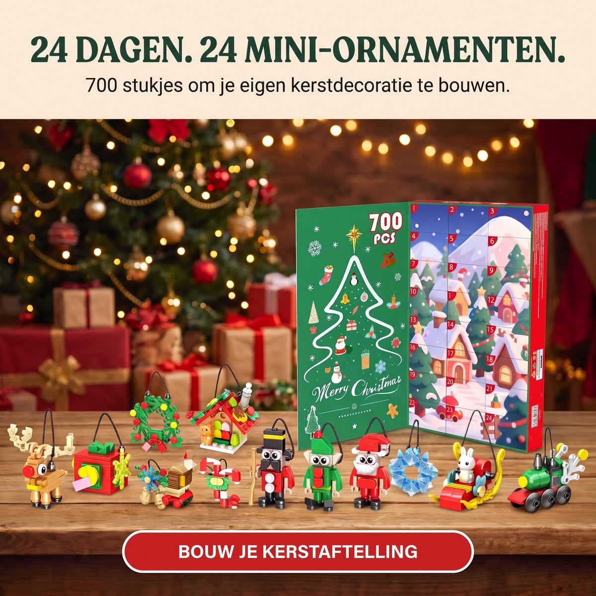 Kerstornamenten Adventskalender van Bouwstenen, 24 Bouwsels om op te Hangen, 700 Stukjes