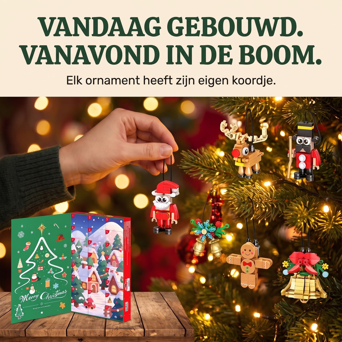 Kerstornamenten Adventskalender van Bouwstenen, 24 Bouwsels om op te Hangen, 700 Stukjes