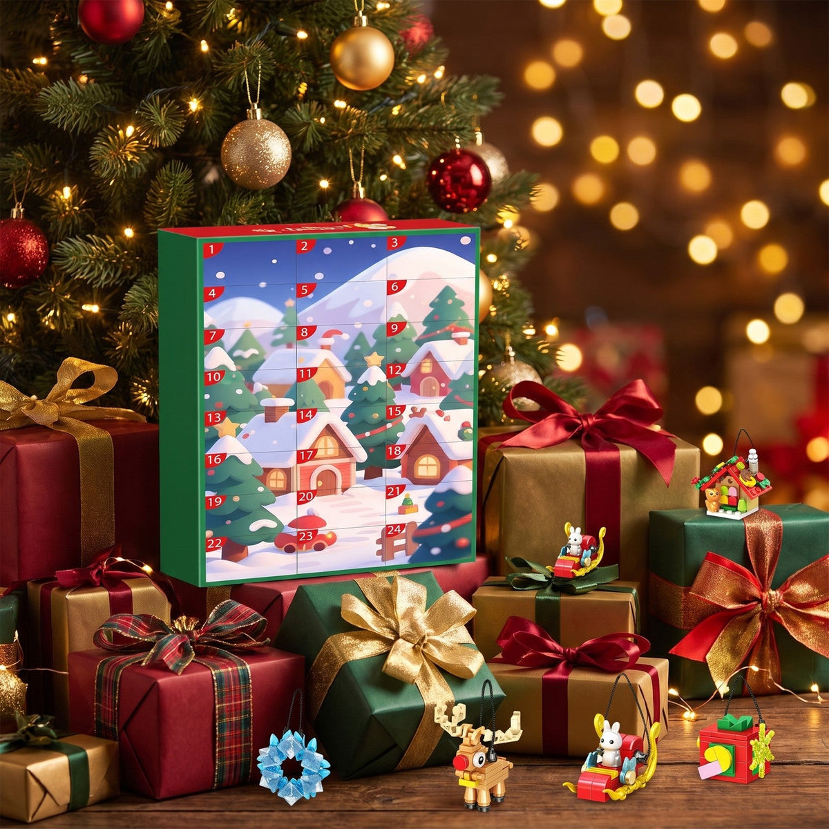 Kerstornamenten Adventskalender van Bouwstenen, 24 Bouwsels om op te Hangen, 700 Stukjes