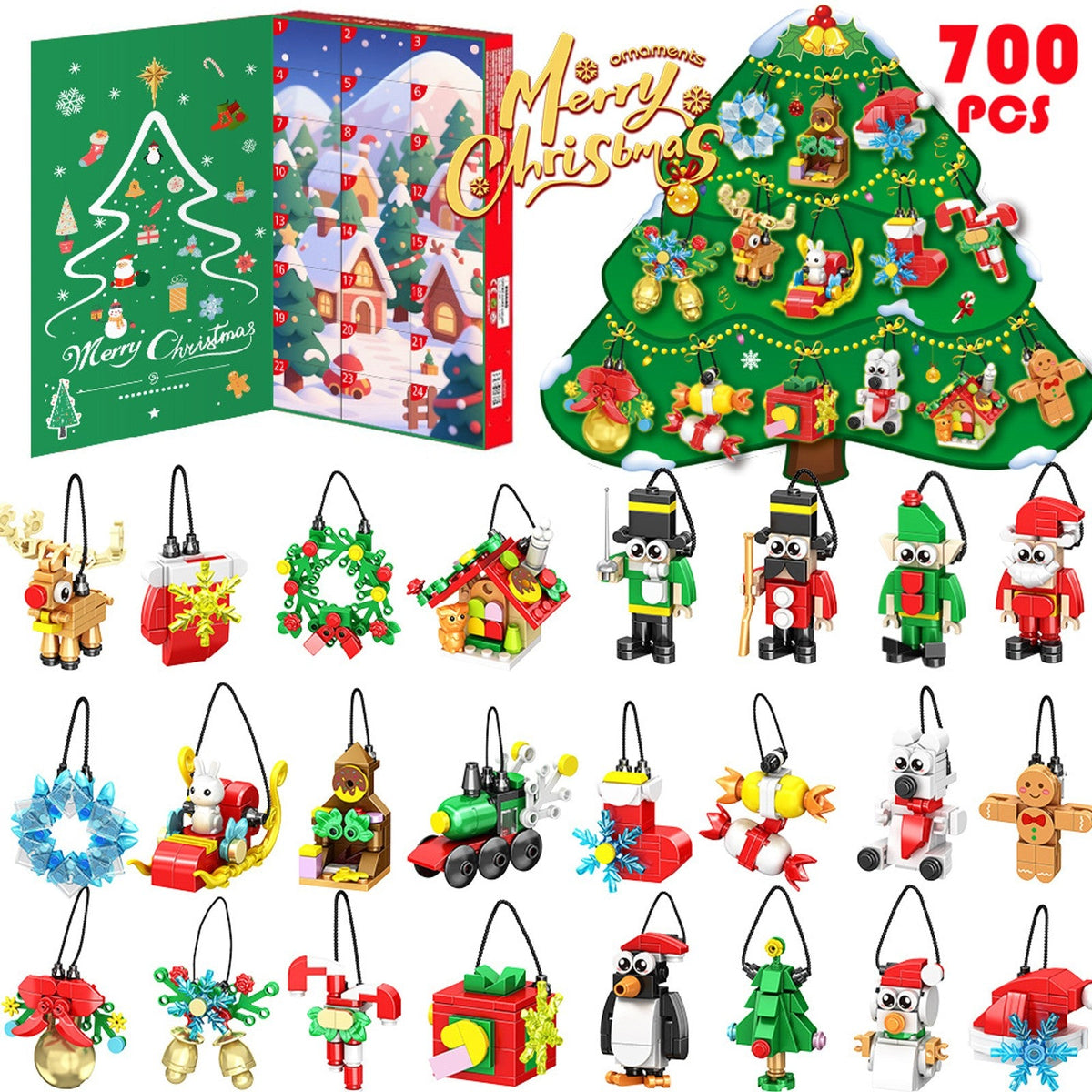 Kerstornamenten Adventskalender van Bouwstenen, 24 Bouwsels om op te Hangen, 700 Stukjes