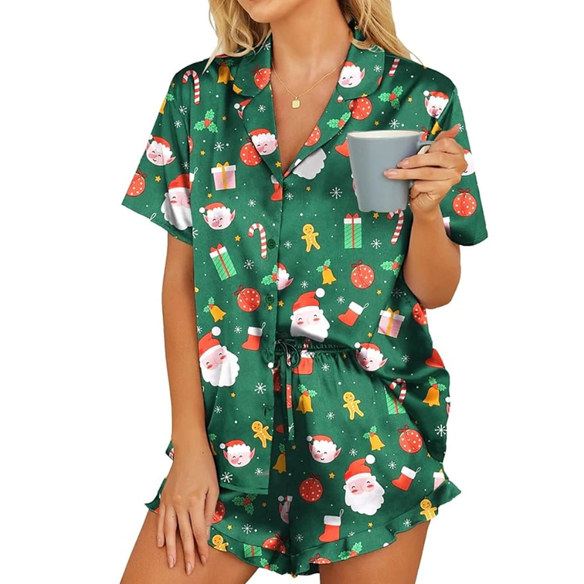 Kerstpyjama dames - Satijnen set met ruches en feestelijke print