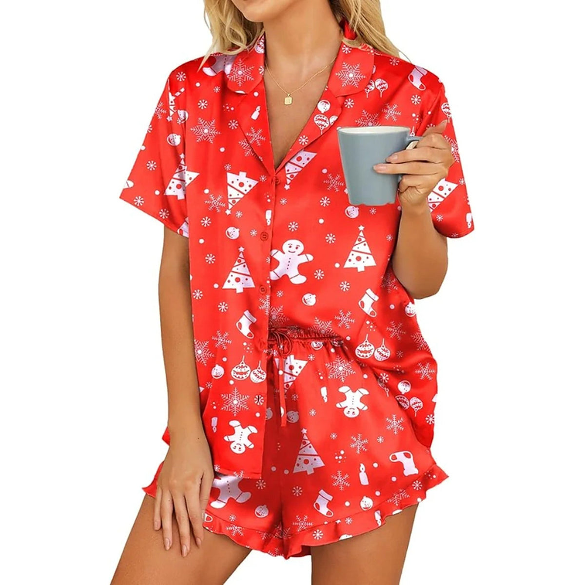 Kerstpyjama dames - Satijnen set met ruches en feestelijke print