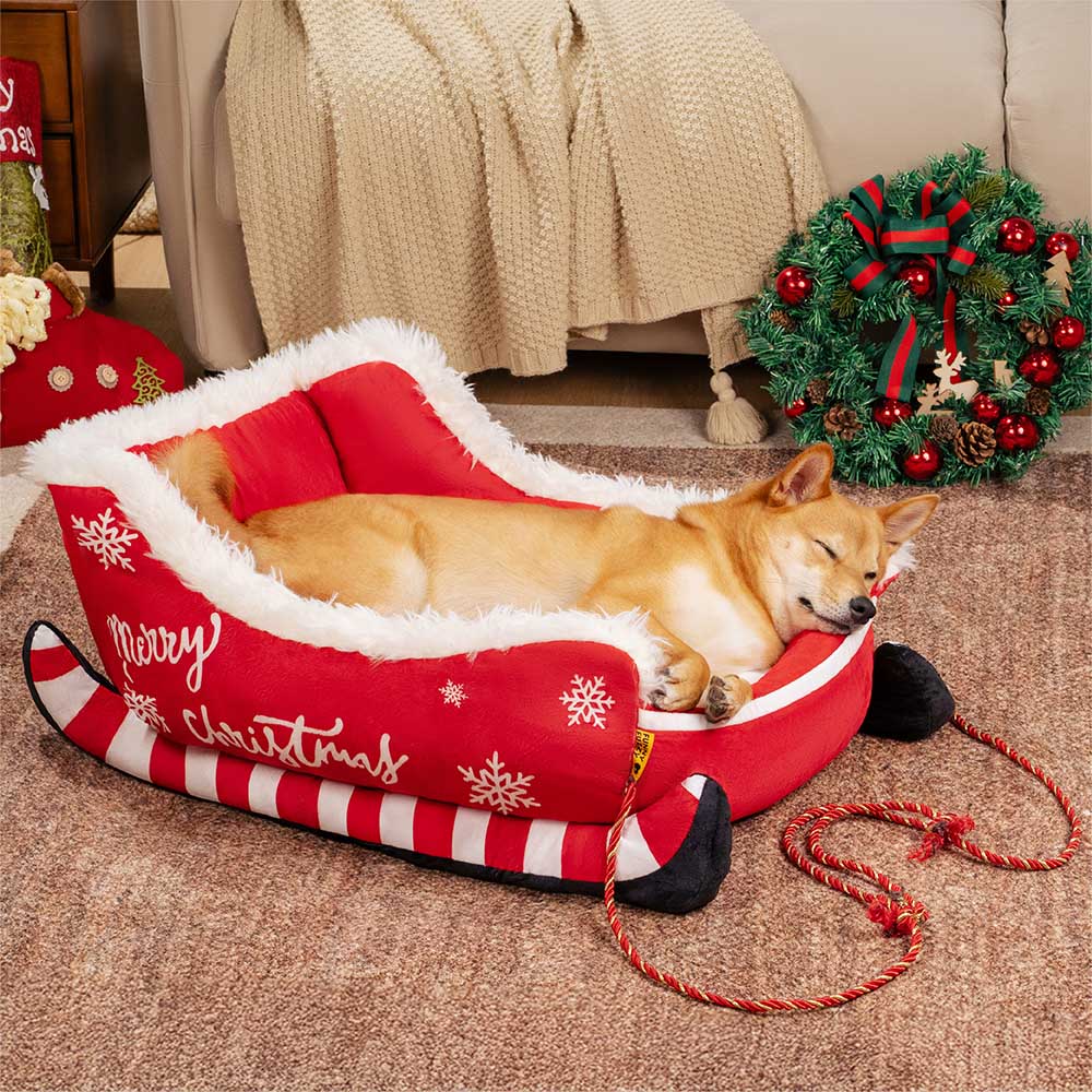 Kerstslee-hondenmand met pluche kristalfluweel en antislipbodem