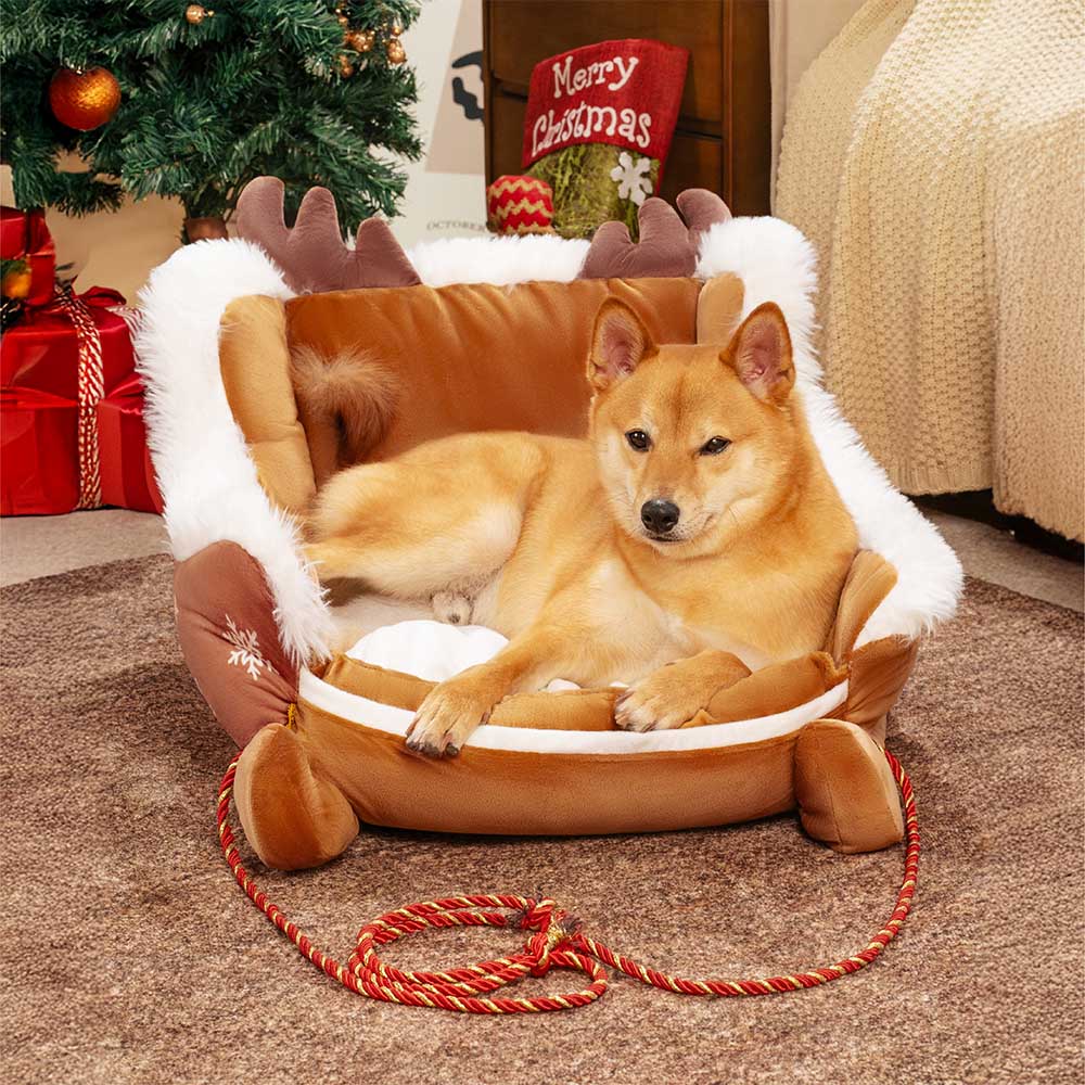 Kerstslee-hondenmand met pluche kristalfluweel en antislipbodem