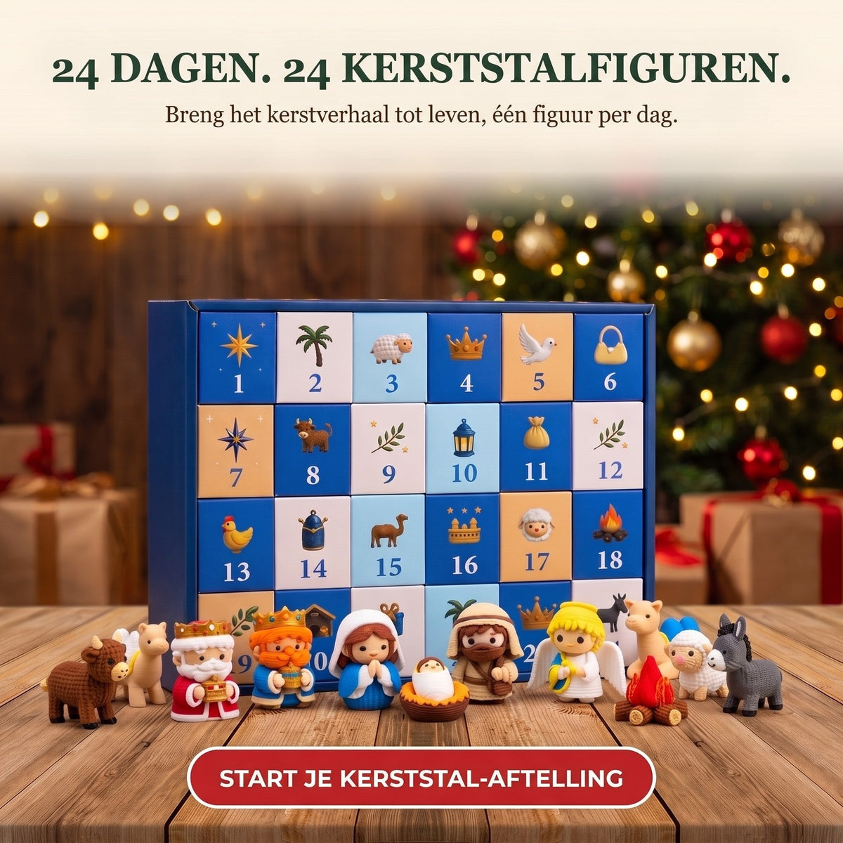 Kerststal Adventskalender met 24 3D-geprinte Figuren