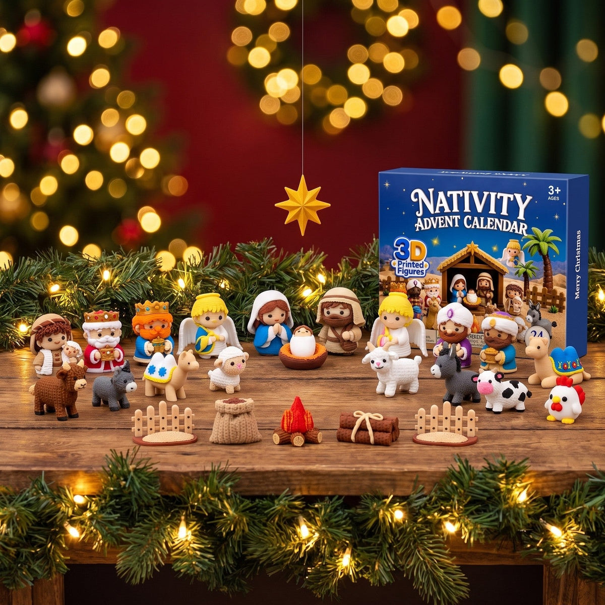 Kerststal Adventskalender met 24 3D-geprinte Figuren