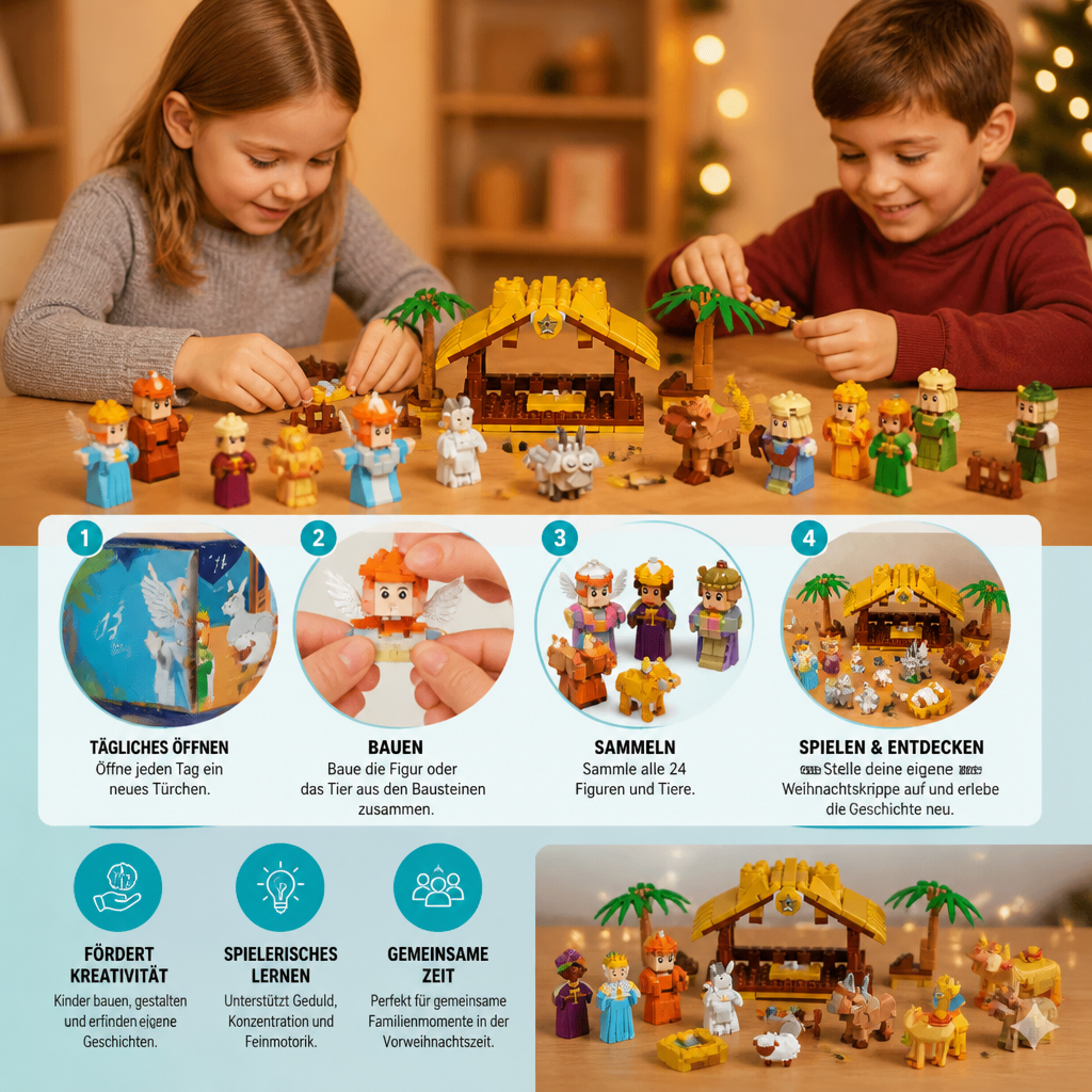 Kerststal bouwstenen adventskalender – 24 dagen gevuld met kerstfiguren