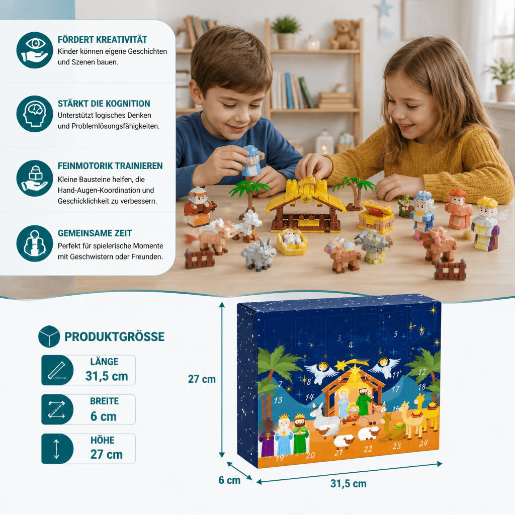 Kerststal bouwstenen adventskalender – 24 dagen gevuld met kerstfiguren