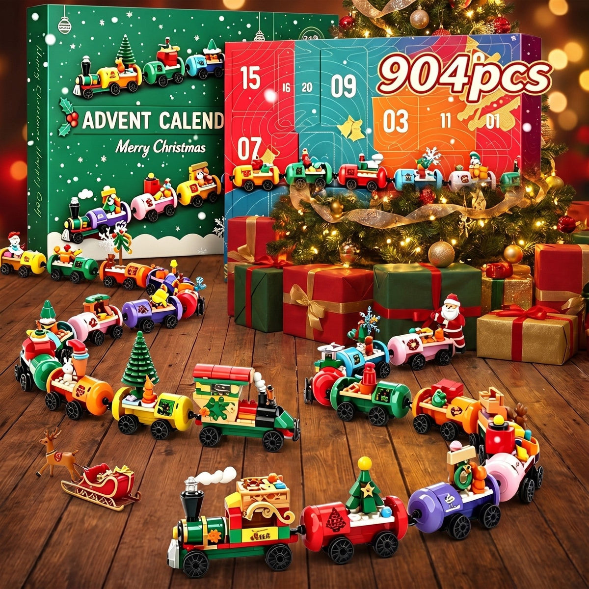 Kersttrein Adventskalender, 904-delige Bouwset Trein van Bouwsteentjes