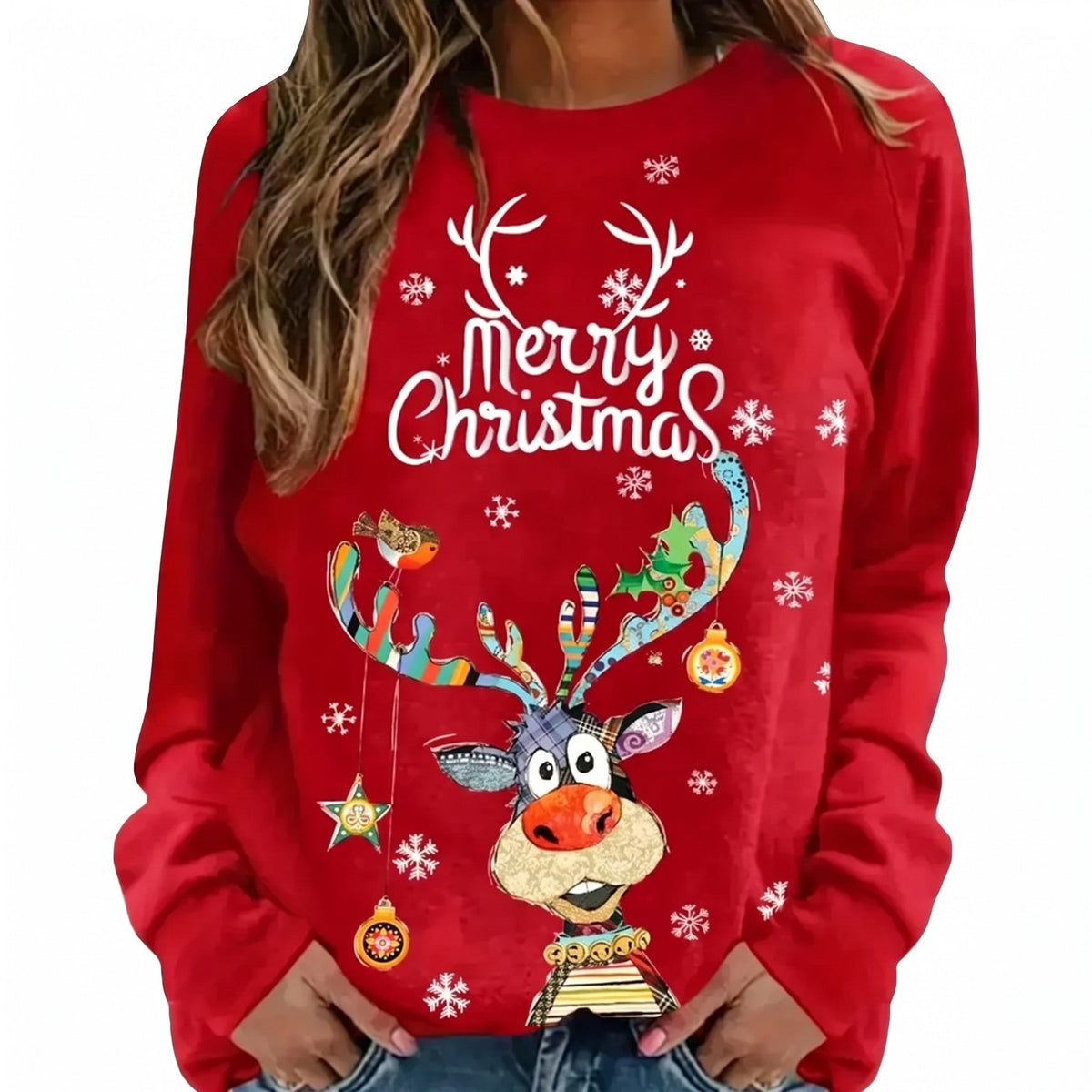 Kersttrui voor dames - Sweater met vrolijk rendier en feestelijke print
