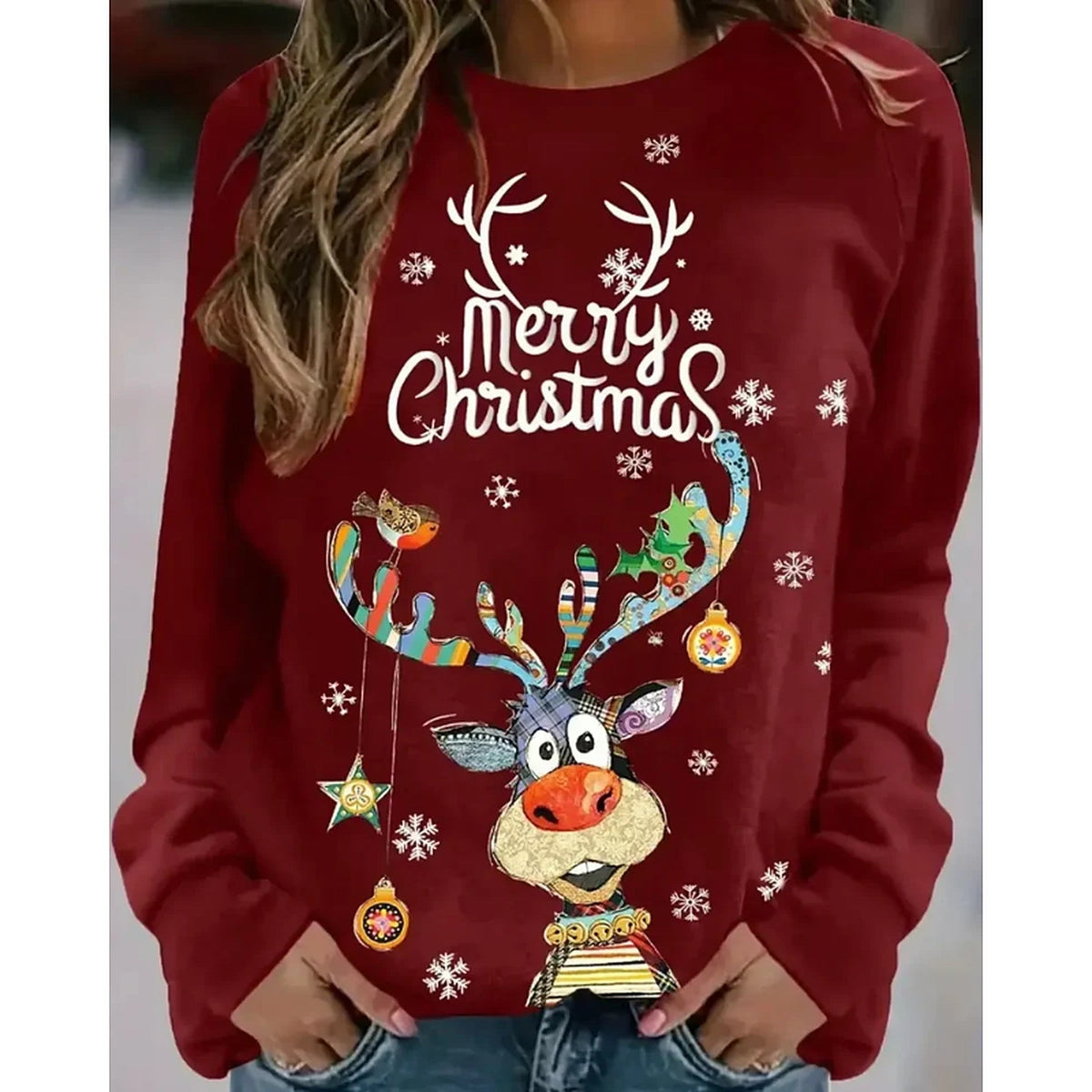 Kersttrui voor dames - Sweater met vrolijk rendier en feestelijke print