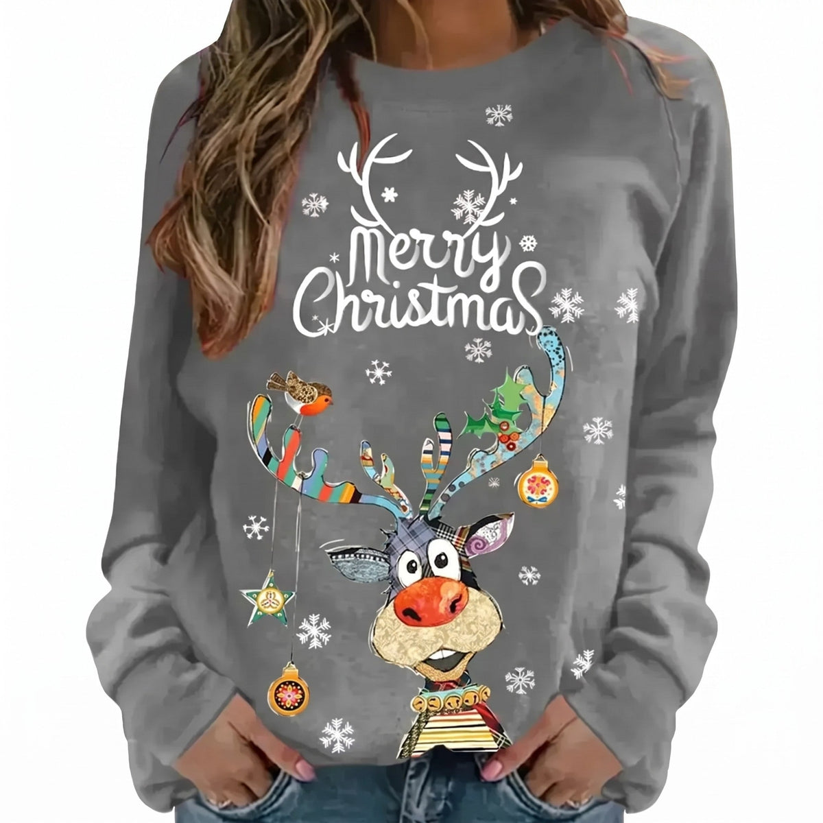 Kersttrui voor dames - Sweater met vrolijk rendier en feestelijke print