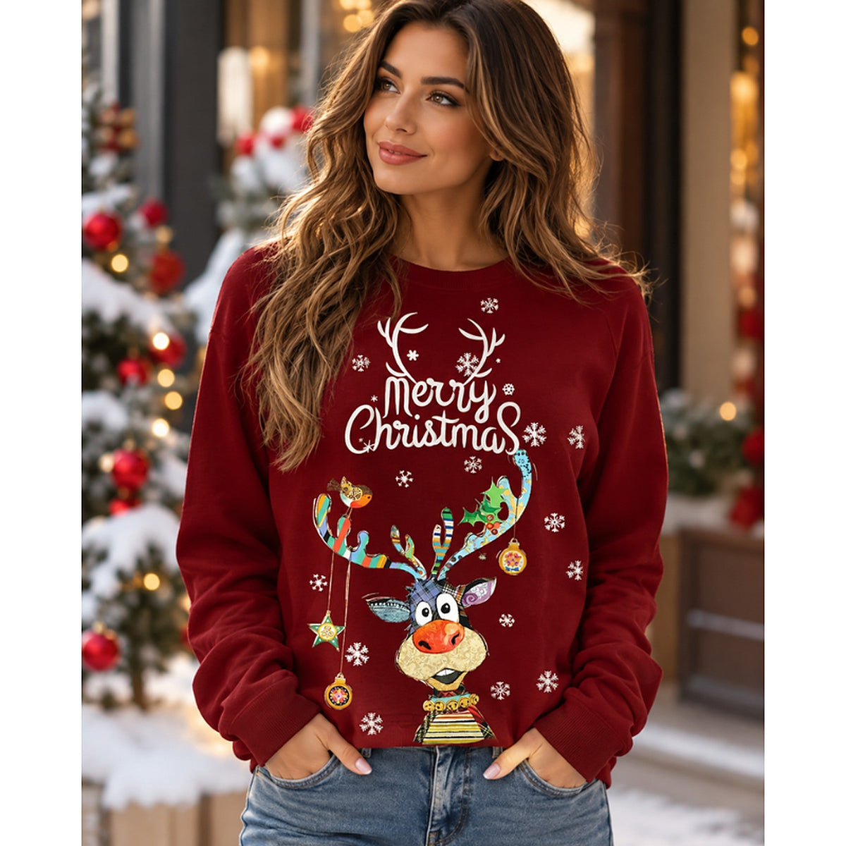 Kersttrui voor dames - Sweater met vrolijk rendier en feestelijke print