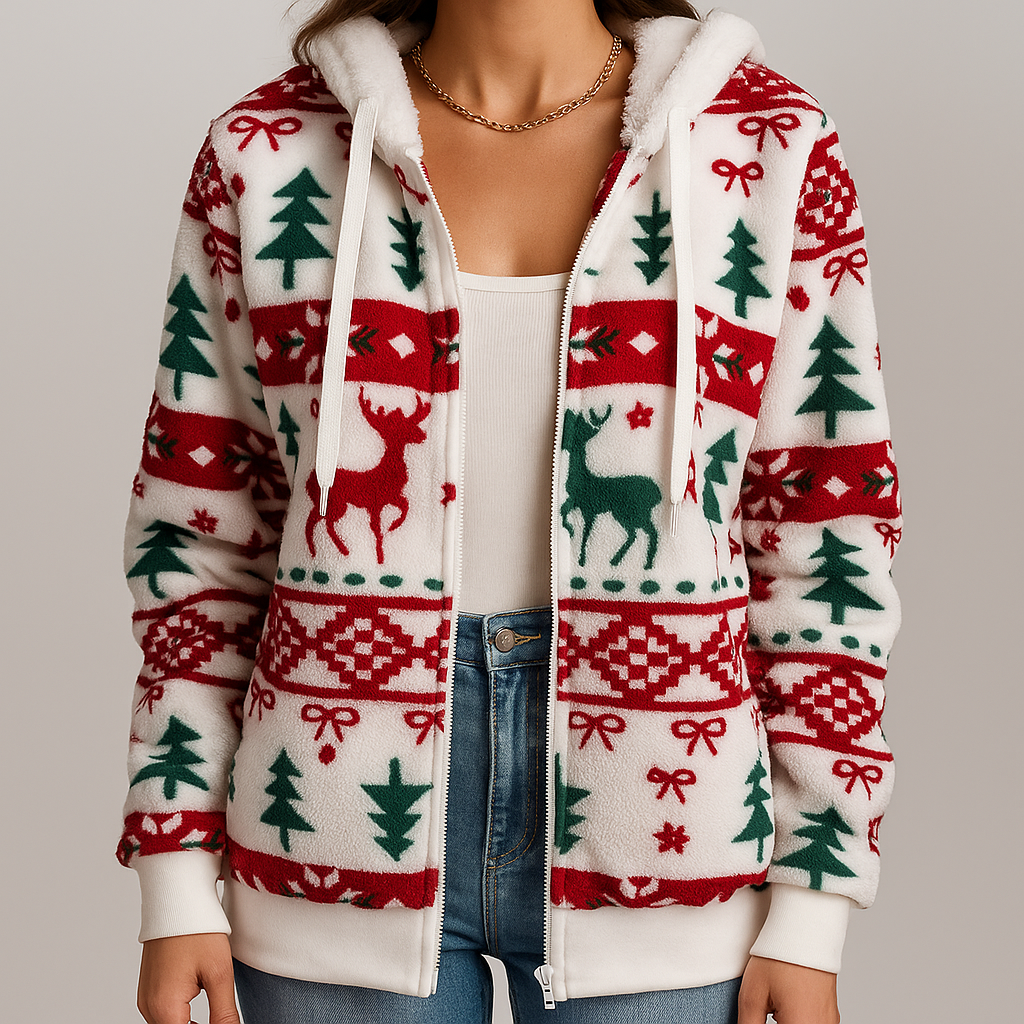 Kerstvest met capuchon voor dames – Comfortabel vest met rits en feestelijke winterprint