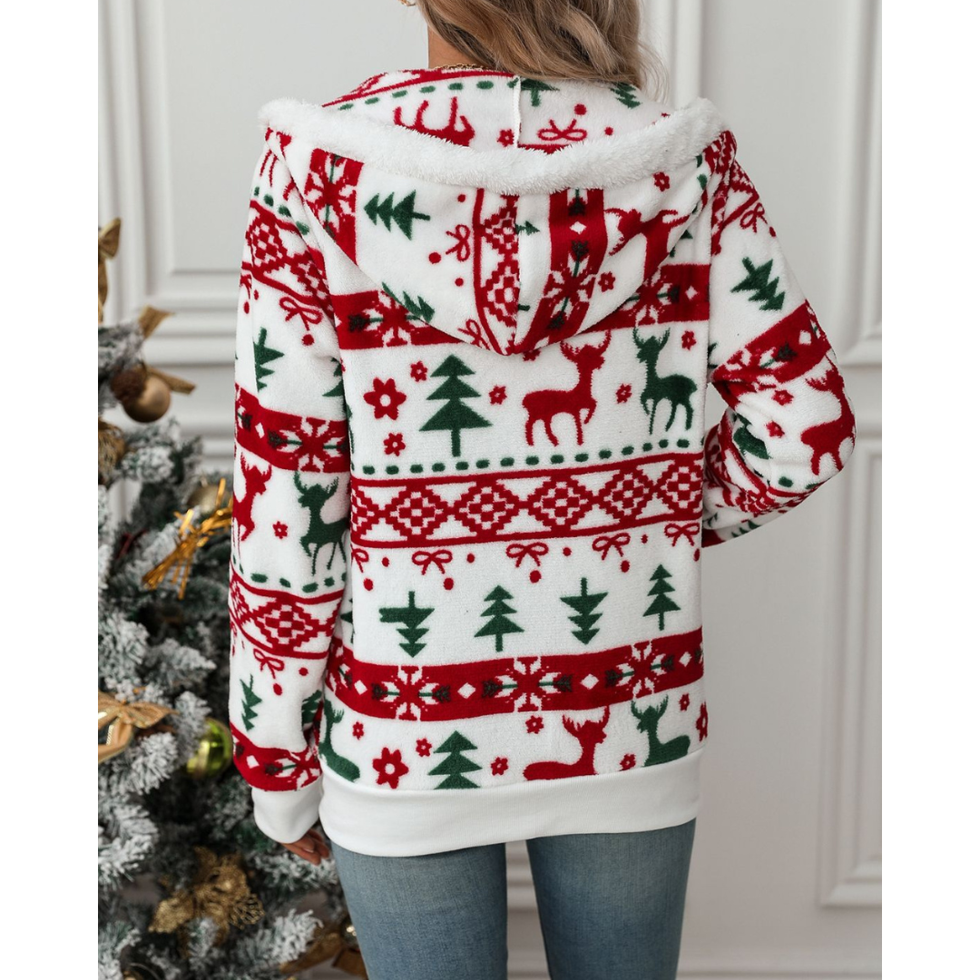 Kerstvest met capuchon voor dames – Comfortabel vest met rits en feestelijke winterprint