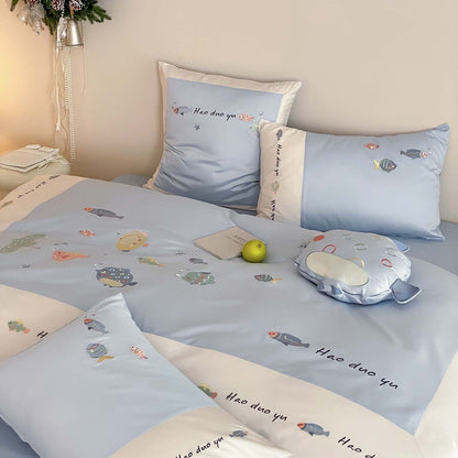 Kinderbeddengoedset met maritieme vissenprint van zacht katoensatijn
