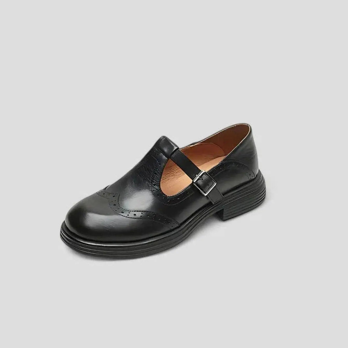 Klassieke platte leren brogue Mary Jane-schoenen met T-band voor dames