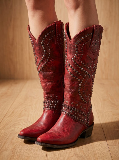 Kniehoge orthopedische cowboylaarzen met studs en spitse neus voor dames