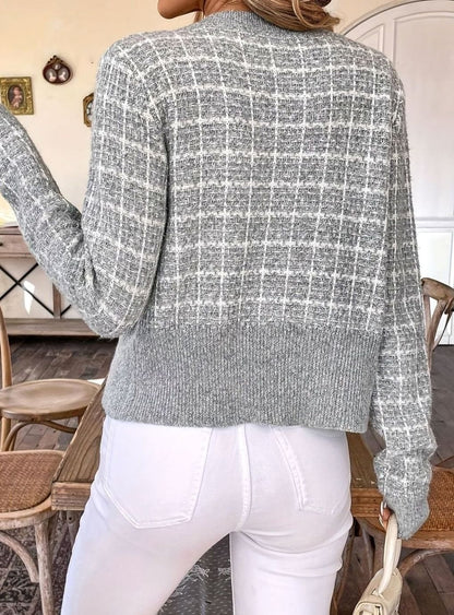 Kort gebreid damesvest in tweed-look met knoopsluiting