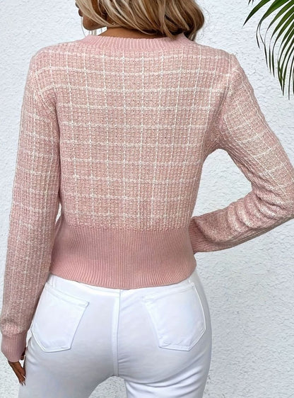 Kort gebreid damesvest in tweed-look met knoopsluiting