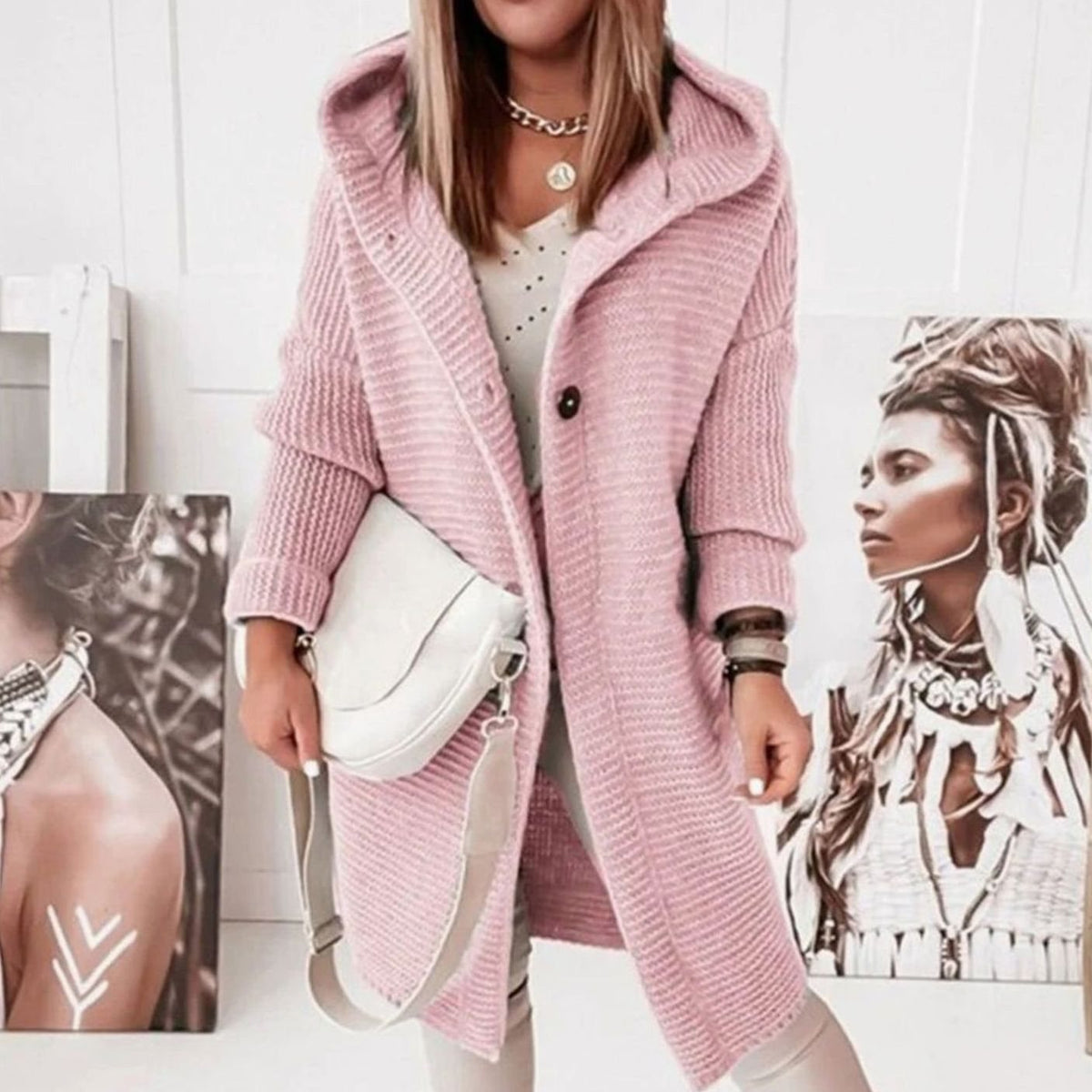 Lang gebreid wintervest met capuchon voor dames