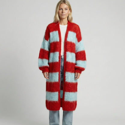 Lang oversized gestreept gebreid openvallend vest voor dames