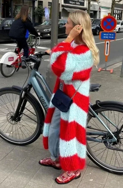 Lang oversized gestreept gebreid openvallend vest voor dames