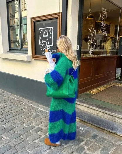 Lang oversized gestreept gebreid openvallend vest voor dames