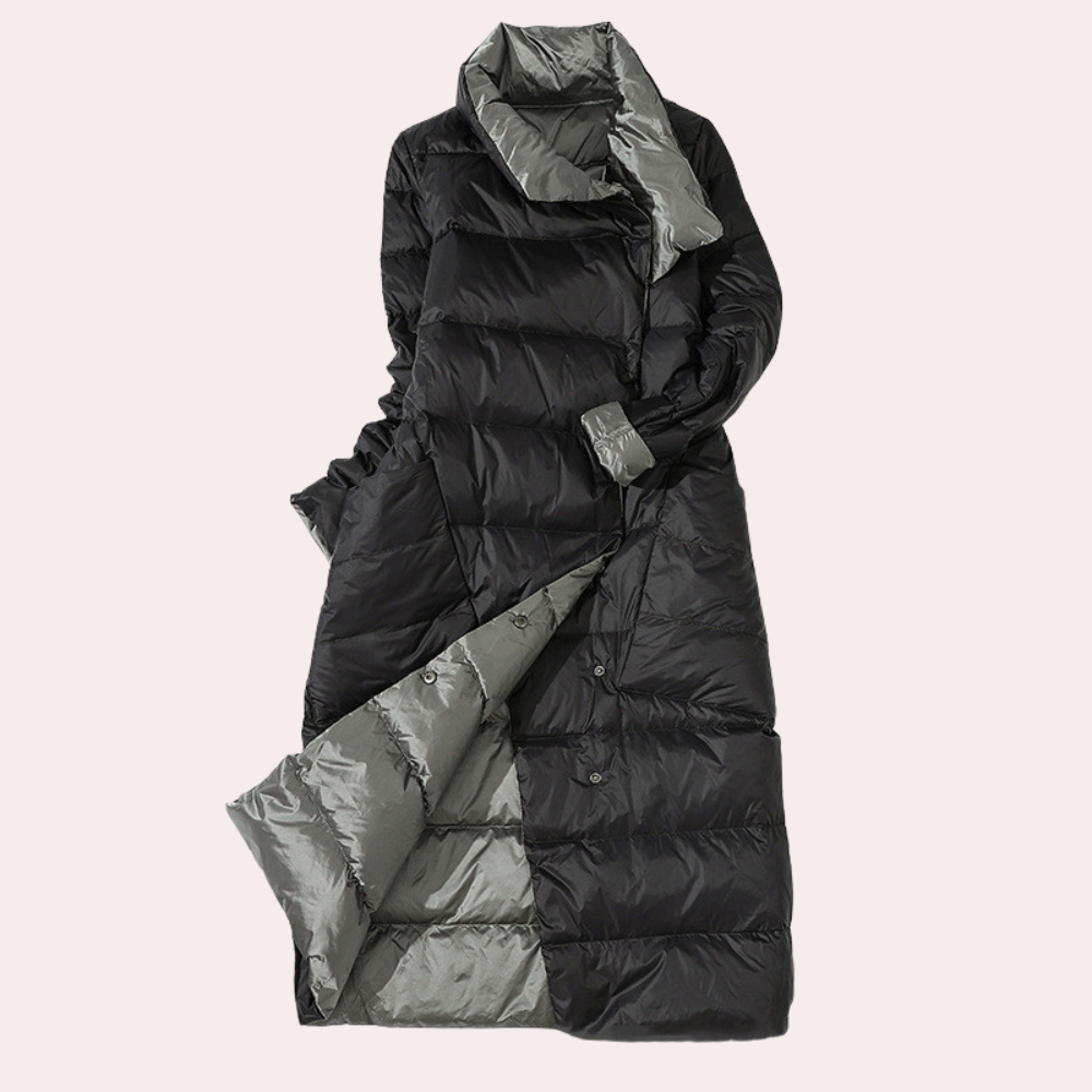 Lange dameswinterjas met hoge kraag