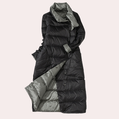 Lange dameswinterjas met hoge kraag
