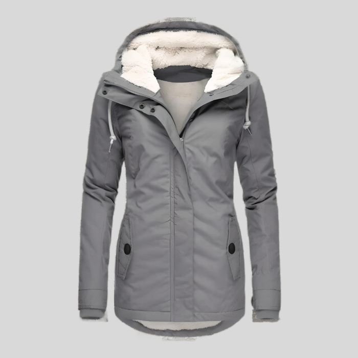 Lange en dikke winterjas met capuchon en imitatiebontvoering