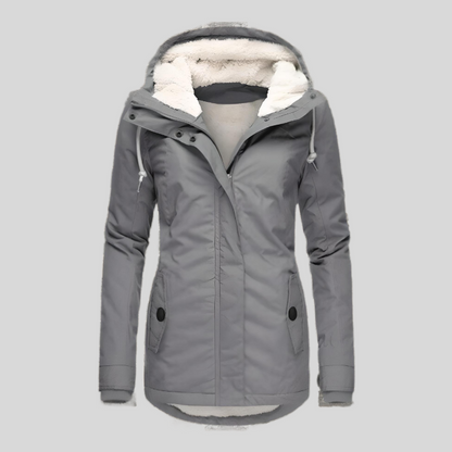 Lange en dikke winterjas met capuchon en imitatiebontvoering