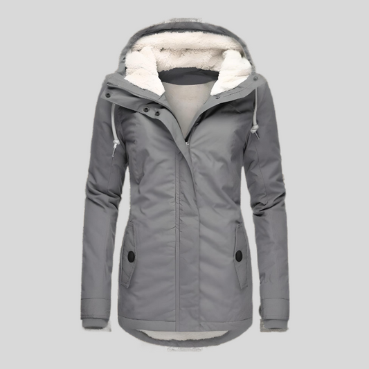 Lange en dikke winterjas met capuchon en imitatiebontvoering