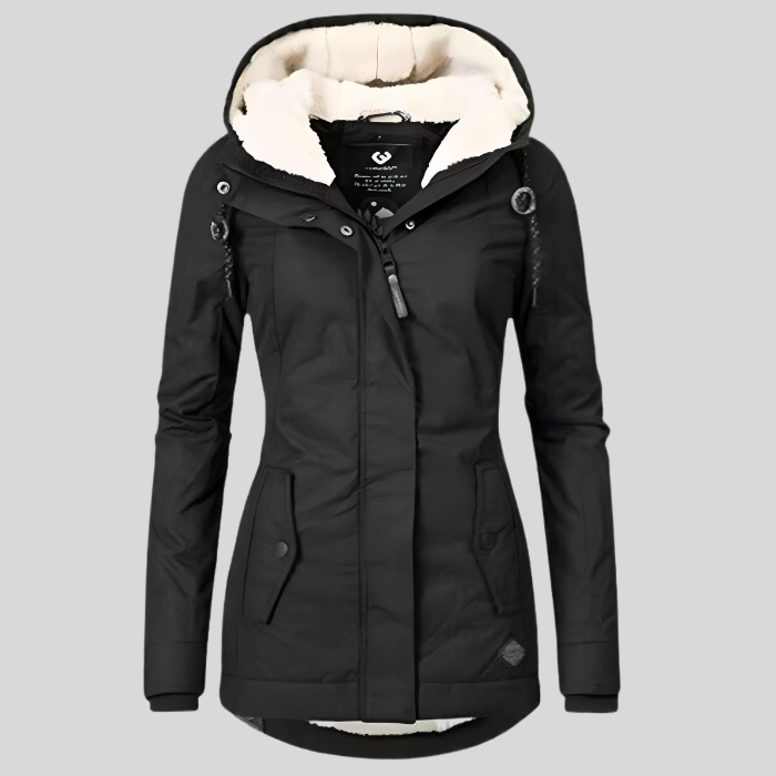 Lange en dikke winterjas met capuchon en imitatiebontvoering