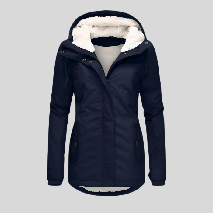 Lange en dikke winterjas met capuchon en imitatiebontvoering