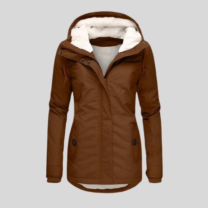 Lange en dikke winterjas met capuchon en imitatiebontvoering