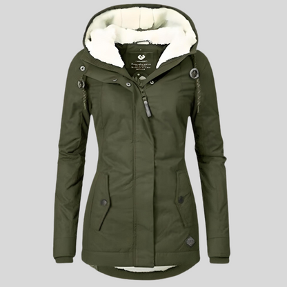 Lange en dikke winterjas met capuchon en imitatiebontvoering