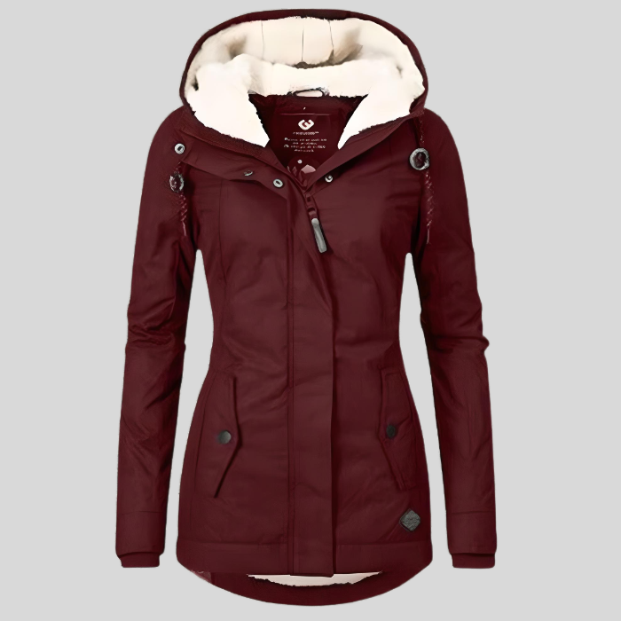 Lange en dikke winterjas met capuchon en imitatiebontvoering