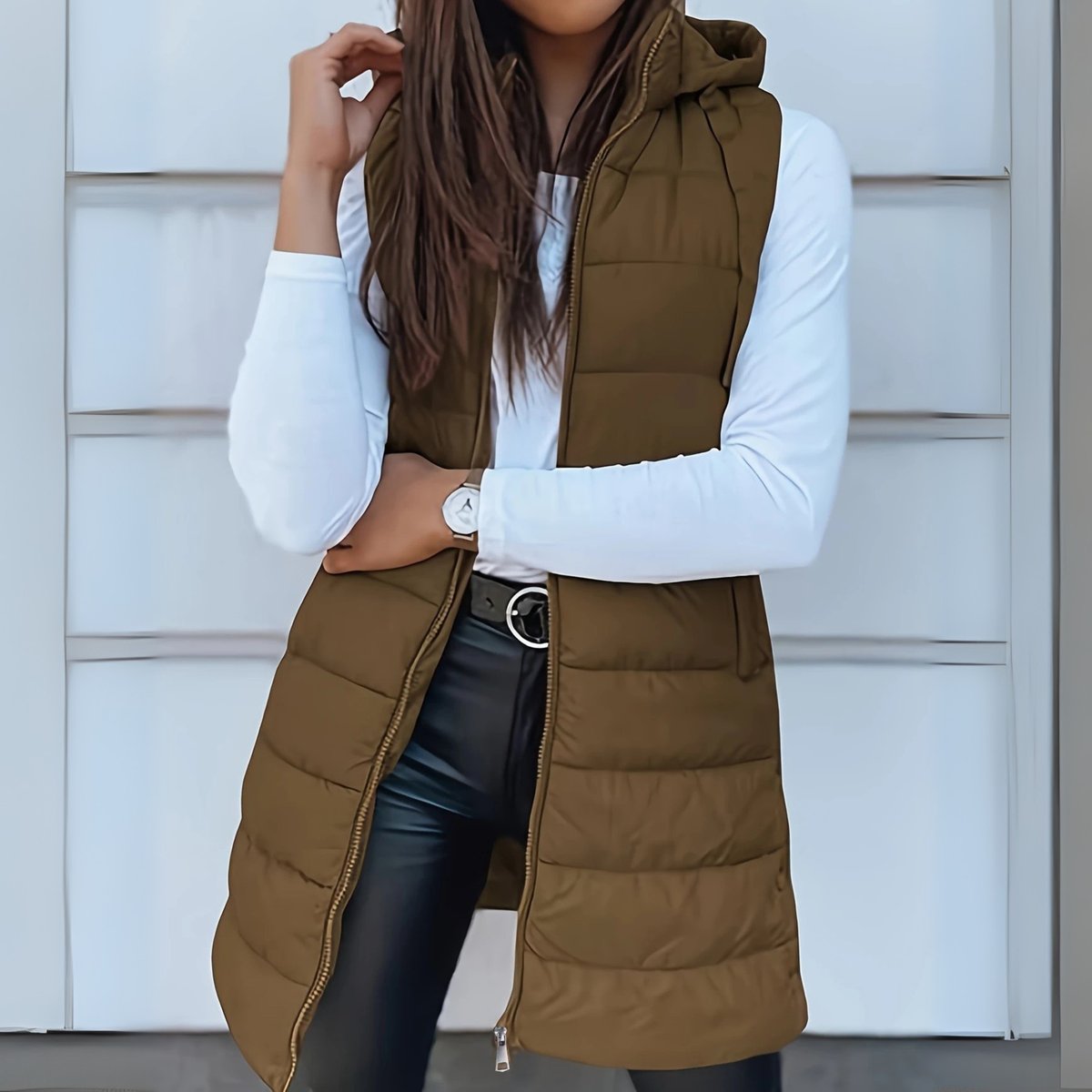 Lange gewatteerde damesbodywarmer met capuchon - Lichtgewicht mouwloos gilet