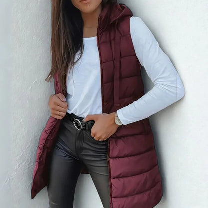 Lange gewatteerde damesbodywarmer met capuchon - Lichtgewicht mouwloos gilet