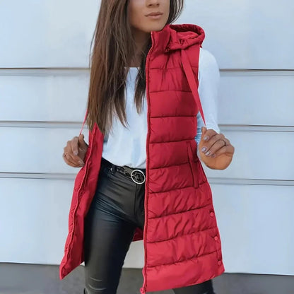 Lange gewatteerde damesbodywarmer met capuchon - Lichtgewicht mouwloos gilet