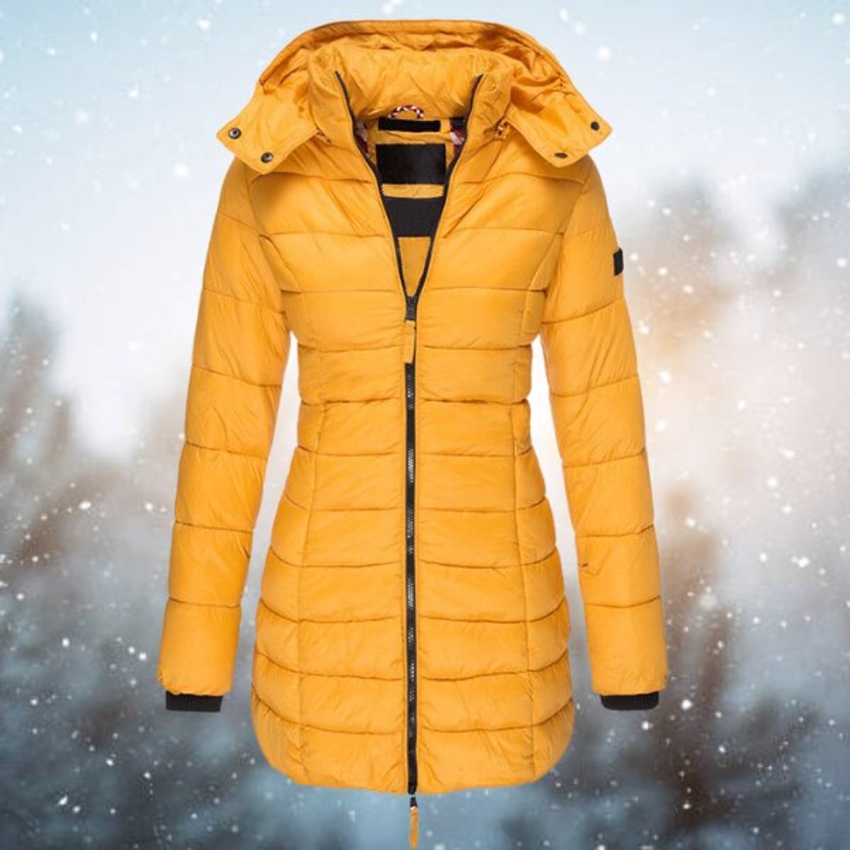 Lange gewatteerde puffer winterjas voor dames met capuchon en ritssluiting