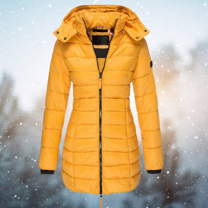 Lange gewatteerde puffer winterjas voor dames met capuchon en ritssluiting