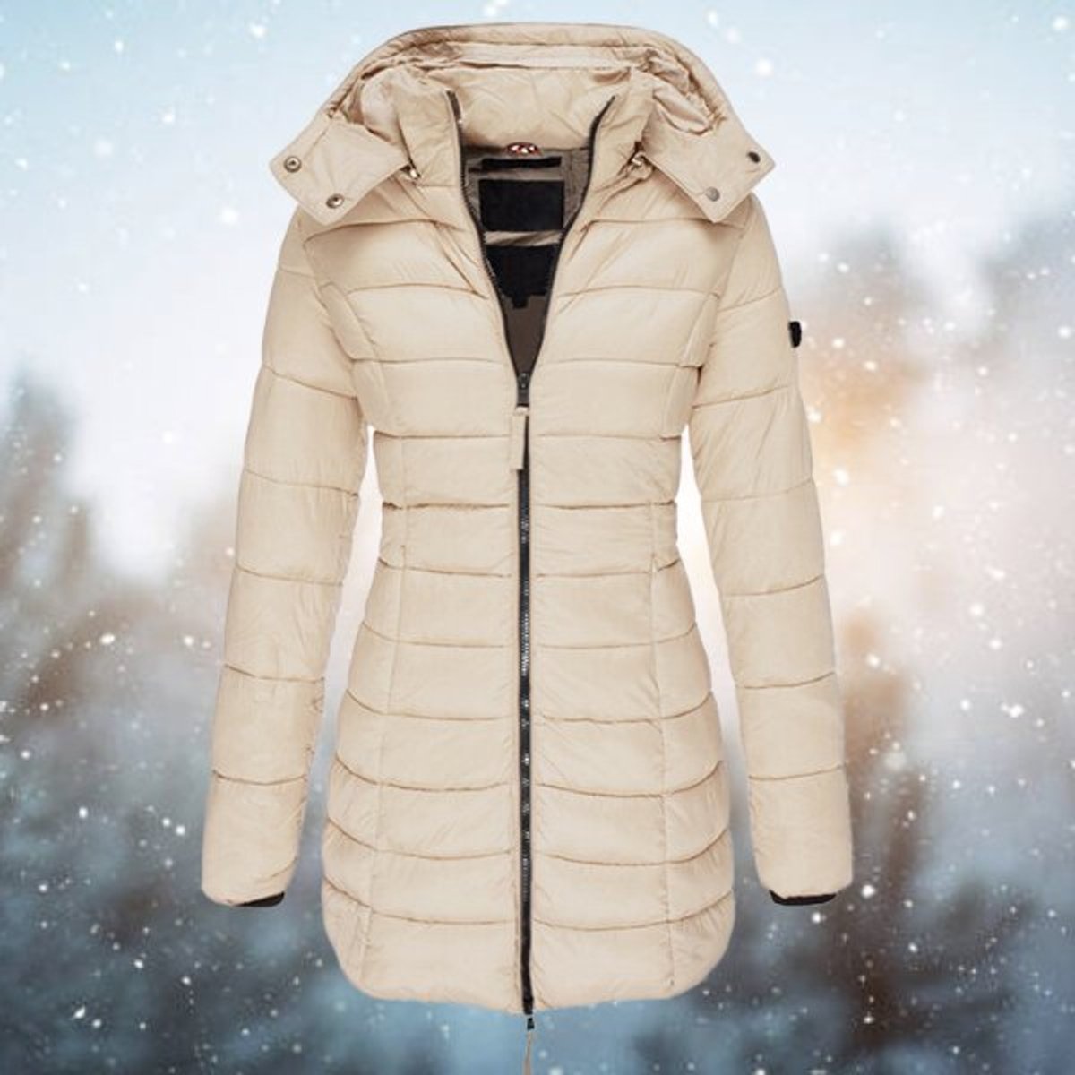 Lange gewatteerde puffer winterjas voor dames met capuchon en ritssluiting