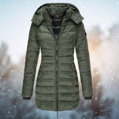 Lange gewatteerde puffer winterjas voor dames met capuchon en ritssluiting
