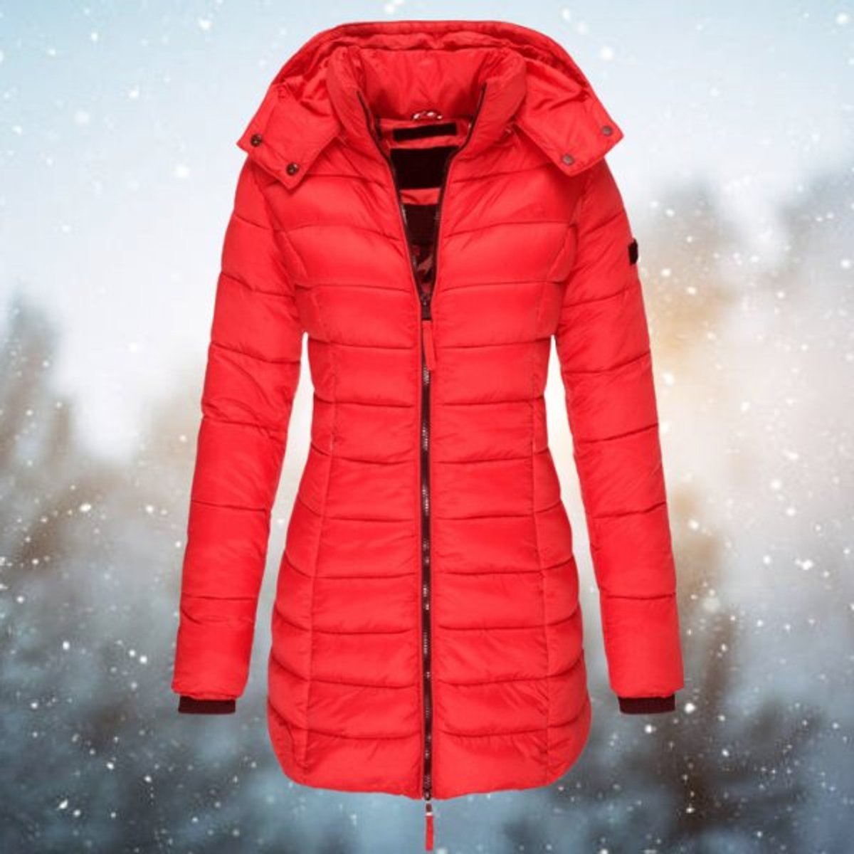 Lange gewatteerde puffer winterjas voor dames met capuchon en ritssluiting