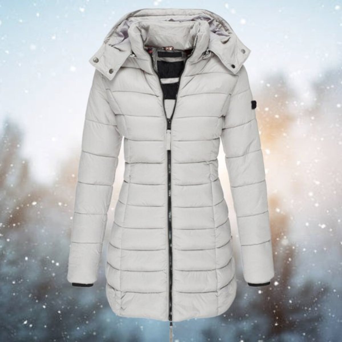 Lange gewatteerde puffer winterjas voor dames met capuchon en ritssluiting