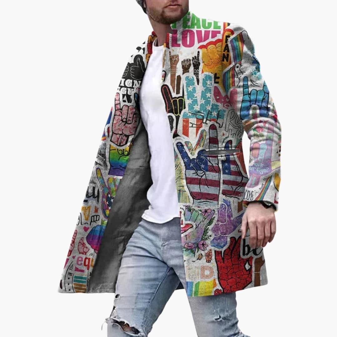 Lange herenjas met meerkleurige print